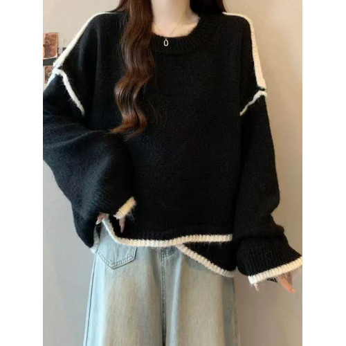 大碼撞色針織毛衣女秋冬季加厚胖mm寬鬆遮肉慵嬾風不規則長袖上衣