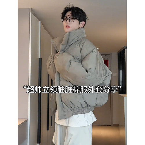 美式復古潮牌短款羽絨服男冬季寬松髒髒麵包服情侶保暖立領棉衣男