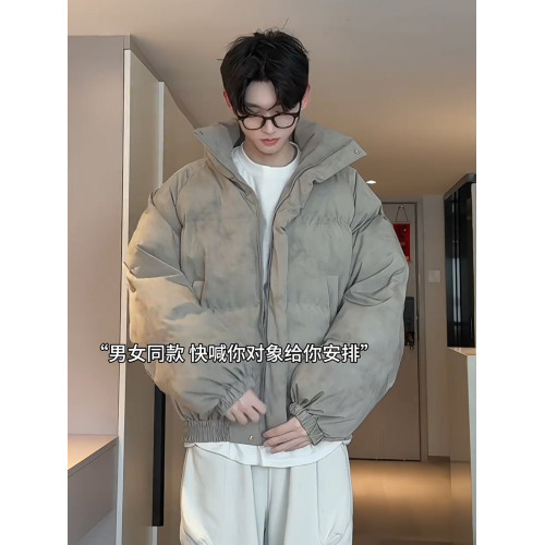 美式復古潮牌短款羽絨服男冬季寬松髒髒麵包服情侶保暖立領棉衣男