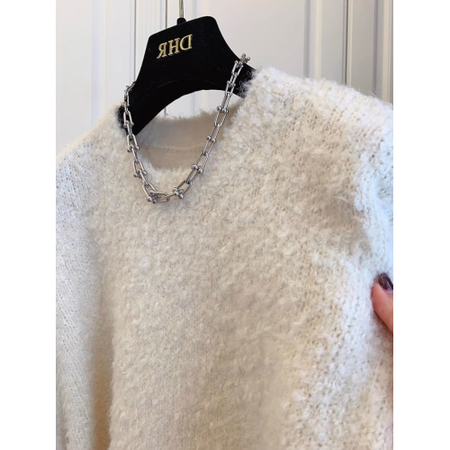 嬭乎乎白色鹽毛圈絨溫柔軟糯寬鬆毛衣女秋冬加厚針織衫慵嬾風上衣