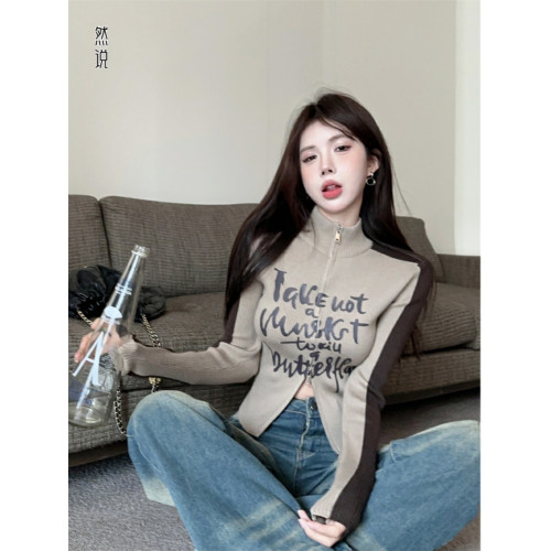 純欲風美式雙拉鍊立領針織開衫女秋冬設計感復古字母印花拼色毛衣