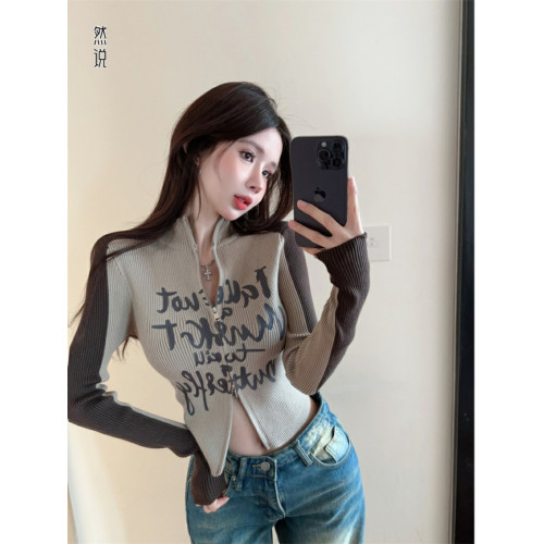 純欲風美式雙拉鍊立領針織開衫女秋冬設計感復古字母印花拼色毛衣