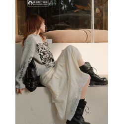 M家街頭復古百搭抽象貓咪字母塗鴉圖案卷邊圓領針織衫毛衣女