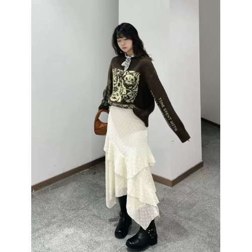 M家街頭復古百搭抽象貓咪字母塗鴉圖案卷邊圓領針織衫毛衣女