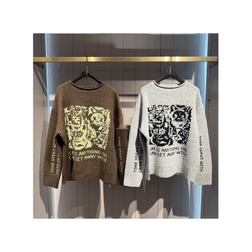 M家街頭復古百搭抽象貓咪字母塗鴉圖案卷邊圓領針織衫毛衣女