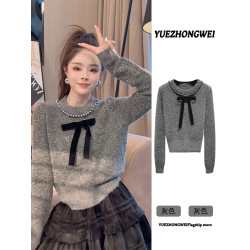 小香風灰色圓領套頭蝴蝶結毛衣女秋冬季加厚慵嬾風短款針織衫上衣