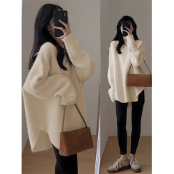 浣熊絨套頭毛衣女秋冬季外穿中長款日系慵嬾風復古開叉打底針織衫