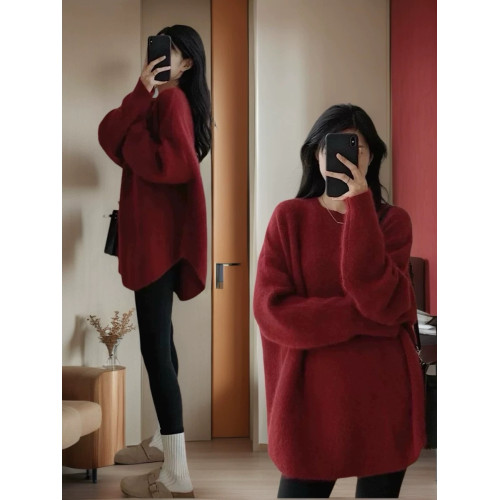 浣熊絨套頭毛衣女秋冬季外穿中長款日系慵嬾風復古開叉打底針織衫