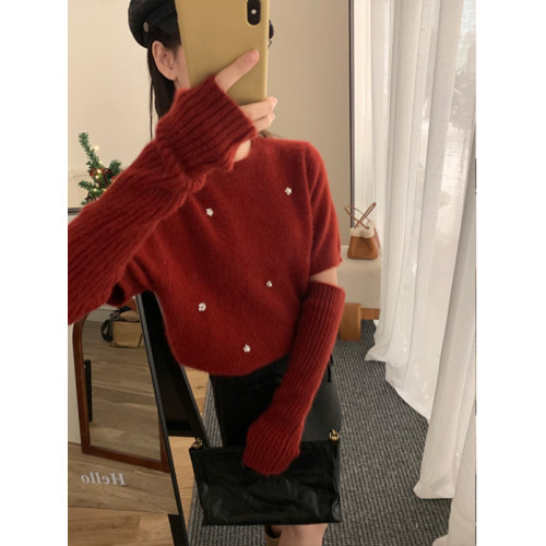 高級感釘珠軟糯可拆卸袖套毛衣女慵嬾溫柔珍珠針織衫打底上衣冬季