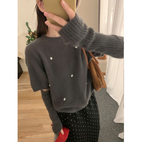 高級感釘珠軟糯可拆卸袖套毛衣女慵嬾溫柔珍珠針織衫打底上衣冬季