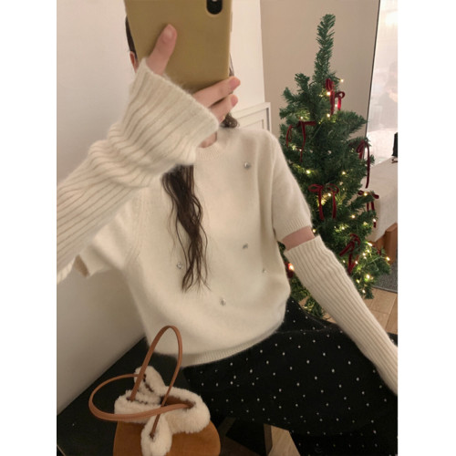 高級感釘珠軟糯可拆卸袖套毛衣女慵嬾溫柔珍珠針織衫打底上衣冬季