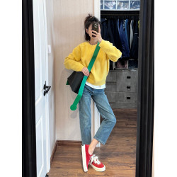 超好看高級感黃色毛衣女春秋今年流行外穿漂亮圓領針織上衣慵嬾風