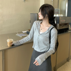 春秋連帽長袖開衫外套女慵懶風修身短款打底衫炸街減齡時尚上衣