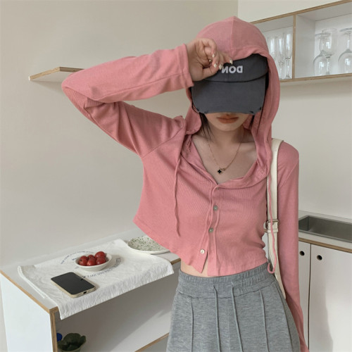 春秋連帽長袖開衫外套女慵懶風修身短款打底衫炸街減齡時尚上衣 春秋連帽長袖開衫外套女慵懶風修身短款打底衫炸街減齡時尚上衣