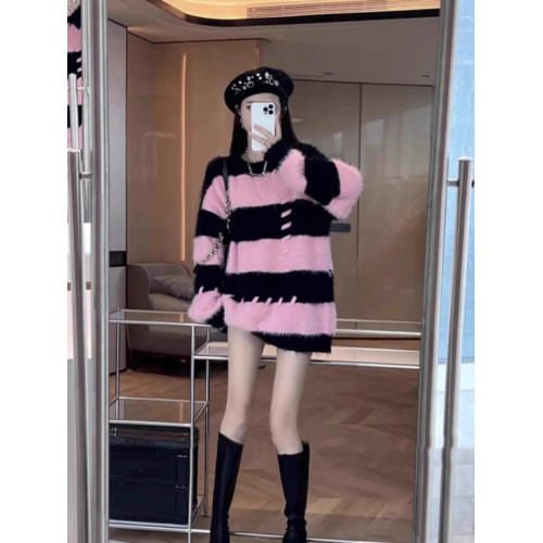 秋冬毛衣女寬鬆慵懶法式高級感仿水貂絨針織衫軟糯奶fufu條紋上衣