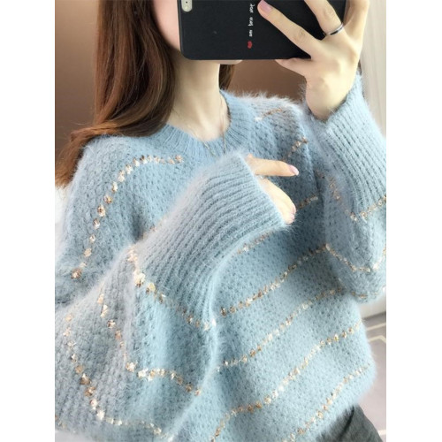 水貂絨毛衣女韓版外穿慵嬾風冬季套頭上衣短款加厚洋氣針織打底衫