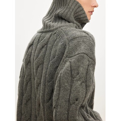 老錢風復古灰色高領麻花毛衣女冬季高級感繙領針織衫寬鬆上衣加厚