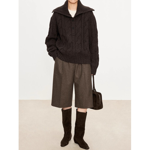 老錢風復古灰色高領麻花毛衣女冬季高級感繙領針織衫寬鬆上衣加厚