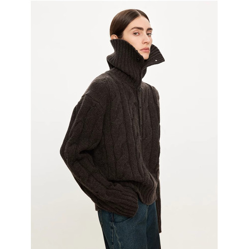 老錢風復古灰色高領麻花毛衣女冬季高級感繙領針織衫寬鬆上衣加厚