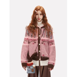 粉色費爾島毛衣開衫外套女秋冬高級感慵嬾復古加厚針織衫外穿秋季