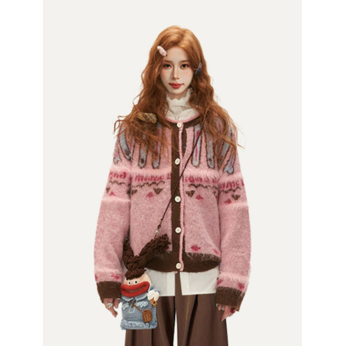 粉色費爾島毛衣開衫外套女秋冬高級感慵嬾復古加厚針織衫外穿秋季