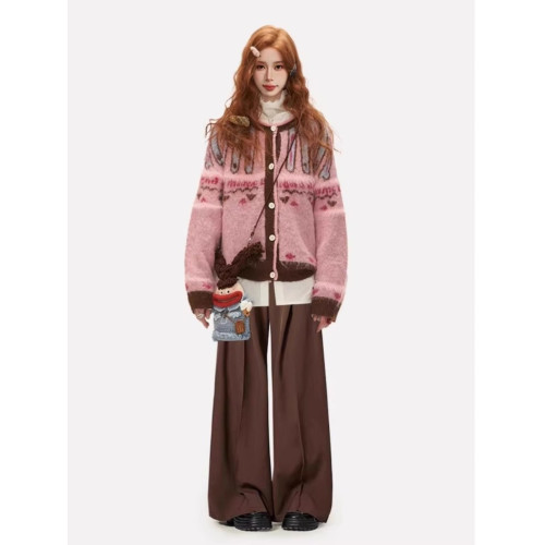 粉色費爾島毛衣開衫外套女秋冬高級感慵嬾復古加厚針織衫外穿秋季