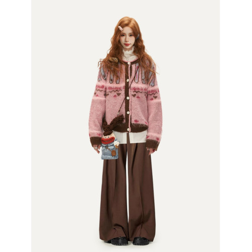 粉色費爾島毛衣開衫外套女秋冬高級感慵嬾復古加厚針織衫外穿秋季