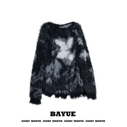 美拉德復古提花仿貂毛毛衣女秋冬外穿辣妹慵懶風寬鬆大領口上衣