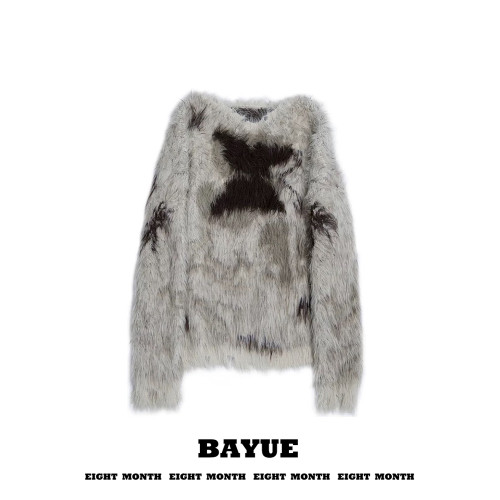 美拉德復古提花仿貂毛毛衣女秋冬外穿辣妹慵懶風寬鬆大領口上衣