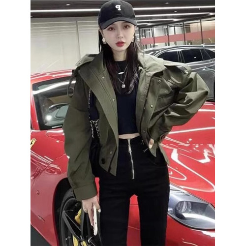 軍綠色小個子短款風衣外套女春秋2025女士夾克上衣超酷炸街沖鋒衣 軍綠色小個子短款風衣外套女春秋2025女士夾克上衣超酷炸街沖鋒衣