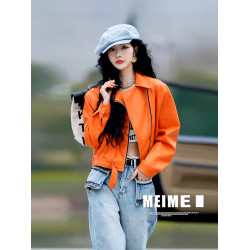 美式復古高級感超好看又a又颯炸街橘色翻領短款甜酷風皮衣外套女