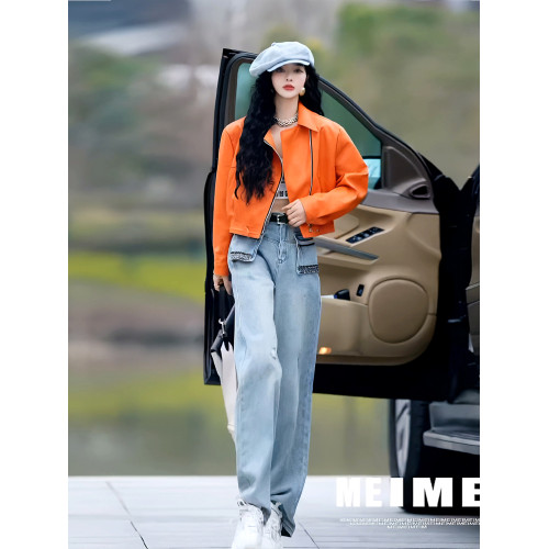 美式復古高級感超好看又a又颯炸街橘色翻領短款甜酷風皮衣外套女 美式復古高級感超好看又a又颯炸街橘色翻領短款甜酷風皮衣外套女