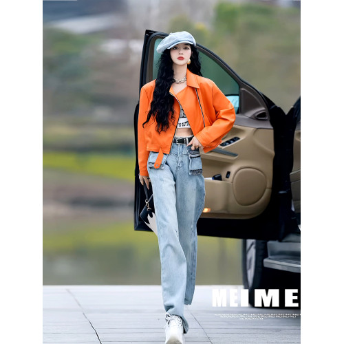 美式復古高級感超好看又a又颯炸街橘色翻領短款甜酷風皮衣外套女 美式復古高級感超好看又a又颯炸街橘色翻領短款甜酷風皮衣外套女