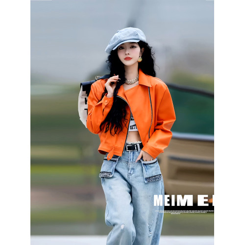 美式復古高級感超好看又a又颯炸街橘色翻領短款甜酷風皮衣外套女 美式復古高級感超好看又a又颯炸街橘色翻領短款甜酷風皮衣外套女