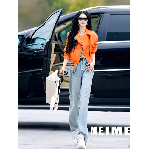 美式復古高級感超好看又a又颯炸街橘色翻領短款甜酷風皮衣外套女 美式復古高級感超好看又a又颯炸街橘色翻領短款甜酷風皮衣外套女