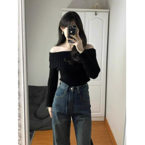 秋冬內搭黑色一字肩法式毛衣女2026新款針織露肩打底衫上衣秋冬季