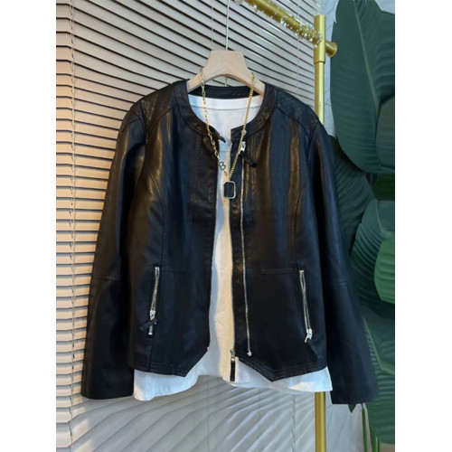 歐洲站大碼女裝洋氣純色簡約休閒長袖開衫上衣胖MM百搭拉鍊皮外套