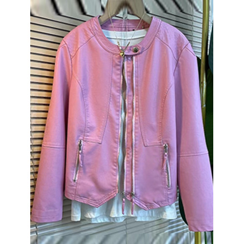 歐洲站大碼女裝洋氣純色簡約休閒長袖開衫上衣胖MM百搭拉鍊皮外套