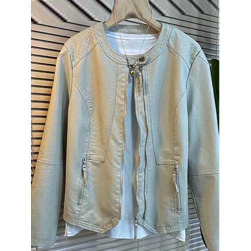 歐洲站大碼女裝洋氣純色簡約休閒長袖開衫上衣胖MM百搭拉鍊皮外套