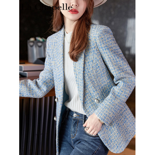 拉夏貝爾春秋新款法式小香風粗花呢西裝外套女高級感女神範小西服