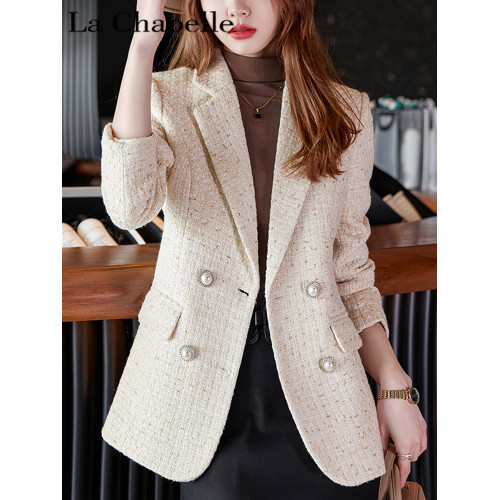 拉夏貝爾春秋新款法式小香風粗花呢西裝外套女高級感女神範小西服