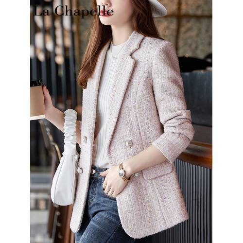 拉夏貝爾春秋新款法式小香風粗花呢西裝外套女高級感女神範小西服