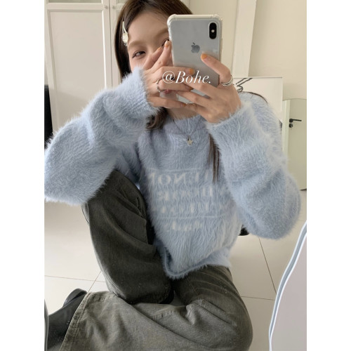 嬭fufu藍色水貂絨毛衣女秋冬季軟糯寬鬆慵嬾風字母提花針織衫上衣