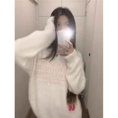 嬭fufu藍色水貂絨毛衣女秋冬季軟糯寬鬆慵嬾風字母提花針織衫上衣