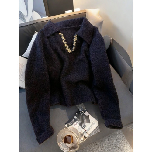 春秋高貨爆款法式慵嬾風亮片釘珠V領毛衣女秋冬寬鬆外穿針織衫