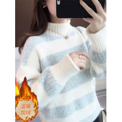 加絨條紋水貂絨毛衣女半高領套頭上衣2025秋冬爆款寬松慵懶打底厚