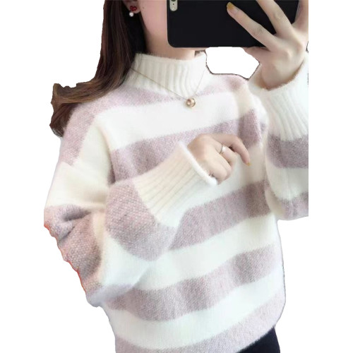 加絨條紋水貂絨毛衣女半高領套頭上衣2025秋冬爆款寬松慵懶打底厚