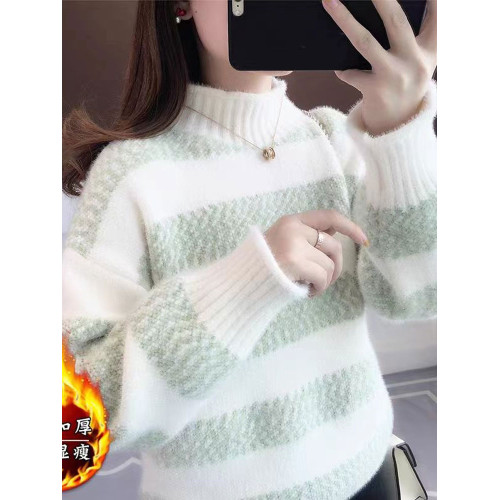加絨條紋水貂絨毛衣女半高領套頭上衣2025秋冬爆款寬松慵懶打底厚