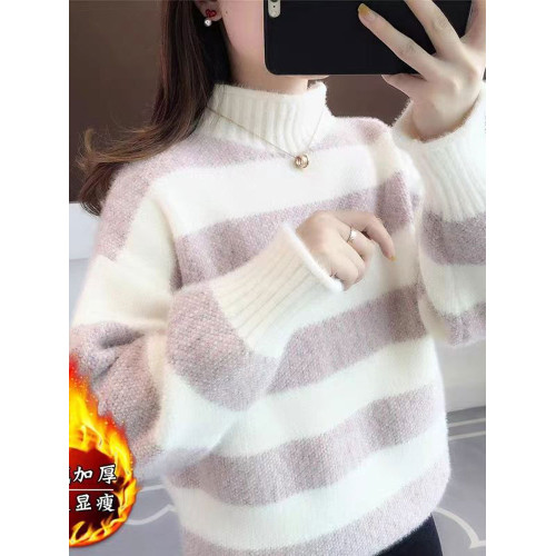 加絨條紋水貂絨毛衣女半高領套頭上衣2025秋冬爆款寬松慵懶打底厚