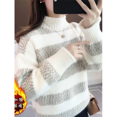 加絨條紋水貂絨毛衣女半高領套頭上衣2025秋冬爆款寬松慵懶打底厚